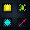 Set Pipette, Blood test and virus, Virus and No handshake. Black square button. Vector