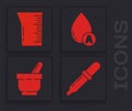 Set Pipette, Laboratory glassware or beaker, Water drop and Mortar and pestle icon. Vector