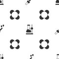 Set Pipette, Test tube flask on stand and Molecule on seamless pattern. Vector
