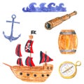 Set of pirate clipart. Pirate ship, anchor, Copper spyglass, Ocean waves. Royalty Free Stock Photo