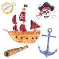 Set of pirate clipart. Pirate ship, anchor, skull and bones, Copper spyglass. Royalty Free Stock Photo