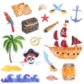 Set of pirate clipart. Pirate ship, anchor, treasure chest with gold coins, pirate saber Royalty Free Stock Photo