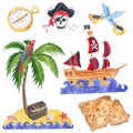 Set of pirate clipart. Pirate ship in Ocean waves, pirate saber, skull and bones, treasure map