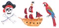 Set of pirate clipart. Pirate ship, skull and bones, parrot. Hand drawn watercolor