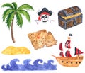 Set of pirate clipart. Pirate ship, treasure chest with gold coins, treasure map, Ocean waves