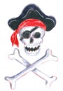Set of pirate clipart. Pirate skull and bones. Hand drawn watercolor