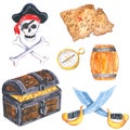Set of pirate clipart. Pirate ship, treasure chest with gold coins, skull and bones, treasure map, pirate