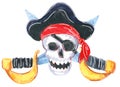Set of pirate clipart. Skull and bones,pirate saber. Hand drawn watercolor