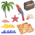 Set of pirate clipart. Treasure chest with gold coins, treasure map, Ocean wave