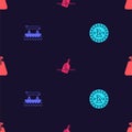 Set Pirate coin, Boat with oars, Bottle message water and sack on seamless pattern. Vector Royalty Free Stock Photo