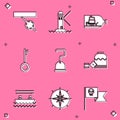 Set Pirate eye patch, Lighthouse, Bottle with ship inside, key, hook, game dice, Boat oars and Wind rose icon. Vector Royalty Free Stock Photo