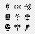 Set Pirate Flag, Bullet, Magic Arrow, Skull, Medieval Poleaxe, Sword For Game, Holy Bible Book And Wand Icon. Vector