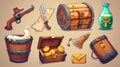 This set of pirate game UI icons includes cartoon modern weapons cannons, guns, maps with treasure signs, chests with