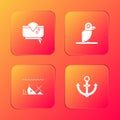 Set Pirate hat, parrot, Sunken ship and Anchor icon. Vector