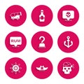 Set Pirate hook, hat, captain, Anchor, Ship steering wheel, Alcohol drink Rum, Skull and Cannon icon. Vector