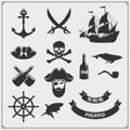 Set of pirate icons, emblems and design elements. Ship, anchor and Jolly Roger. Royalty Free Stock Photo