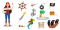 A set of pirate items. greeting of the pirate character of a girl in a suit, in a bandana Royalty Free Stock Photo