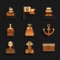 Set Pirate sack, captain, Antique treasure chest, Anchor, Sailor, Alcohol drink Rum bottle, Ship and icon. Vector Royalty Free Stock Photo