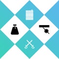 Set Pirate sack, Crossed pirate swords, Wooden barrel and eye patch icon. Vector