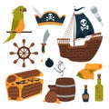 Set of pirate, sailing ship, parrot, anchors and maps, treasure chest, pirate hat isolated on white background. Piracy Royalty Free Stock Photo