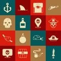 Set Pirate sword, hat, captain, Antique treasure chest, Alcohol drink Rum, Skull, Anchor and Location pirate icon