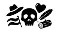 Pirate-themed black silhouette set with skull hat feather flag log and heart vector design elements Royalty Free Stock Photo