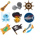 Set pirate things. Spyglass, octopus, irons, steering wheel, treasure map, jolly roger flag, shark, sword.