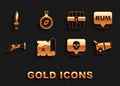 Set Pirate treasure map, Alcohol drink Rum, Cannon, Skull, Vintage pistol, Antique chest, sword and Compass icon. Vector