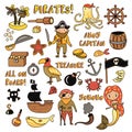 Set of Pirates vector cartoon objects. Adventures and Pirate party for Kindergarten. Children Adventure, treasure