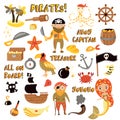 Set of Pirates vector cartoon objects. Adventures and Pirate party for Kindergarten. Children Adventure, treasure