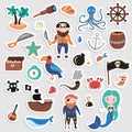 Set of Pirates vector cartoon stickers. Adventures and Pirate party sticker for Kindergarten. Children Adventure