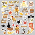 Set of Pirates vector cartoon stickers. Adventures and Pirate party sticker for Kindergarten. Children Adventure