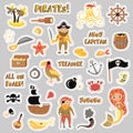 Set of Pirates vector cartoon stickers. Adventures and Pirate party sticker for Kindergarten. Children Adventure