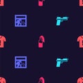 Set Pistol or gun, Broken window, Cocktail molotov and T-shirt protest on seamless pattern. Vector