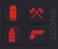 Set Pistol or gun, Cartridges, Crossed medieval axes and Hand grenade icon. Vector Royalty Free Stock Photo