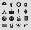 Set Pistol or gun, Declaration of independence, American Football ball, Donut, Pumpkin, Indian teepee wigwam, Military