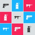 Set Pistol or gun, Hand smoke grenade and Submachine M3 icon. Vector