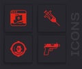 Set Pistol or gun, Internet piracy, Syringe and Headshot icon. Vector