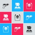 Set Pistol or gun, Kidnaping and Thief surrendering hands up icon. Vector Royalty Free Stock Photo