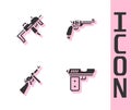 Set Pistol or gun, MP9I submachine, Tommy and Revolver icon. Vector