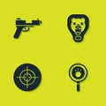 Set Pistol or gun, Paw search, Target sport and Bear head on shield icon. Vector