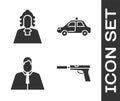 Set Pistol or gun with silencer, Judge, Lawyer, attorney, jurist and Police car and flasher icon. Vector