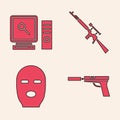 Set Pistol or gun with silencer, Search on computer screen, Sniper rifle with scope and Thief mask icon. Vector. Royalty Free Stock Photo