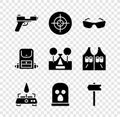 Set Pistol or gun, Target sport, Glasses, Camping gas stove, Balaclava, Road traffic sign, Hiking backpack and Tourist