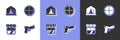 Set Pistol or gun, Tourist tent, Quiver with arrows and Sniper optical sight icon. Vector