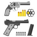 Set of pistols. Revolver, revolver s barrel and bullets.