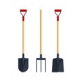 Set pitchfork shovel spade flat tool icon logo vector illustration. Farming equipment. Garden instruments isolated on