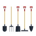 Set pitchfork shovel spade rake flat tool icon logo vector illustration. Farming equipment. Garden instruments Royalty Free Stock Photo