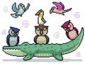 Set pixel art isolated friendly bird group