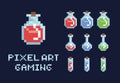 Set of pixel art potion bottles, red green and blue, health mana game design object Royalty Free Stock Photo